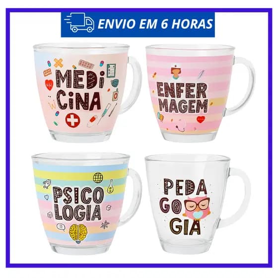 Caneca de Vidro 380ml Estampada Profissões Medicina Enfermagem Psicologia Pedagogia Diver go