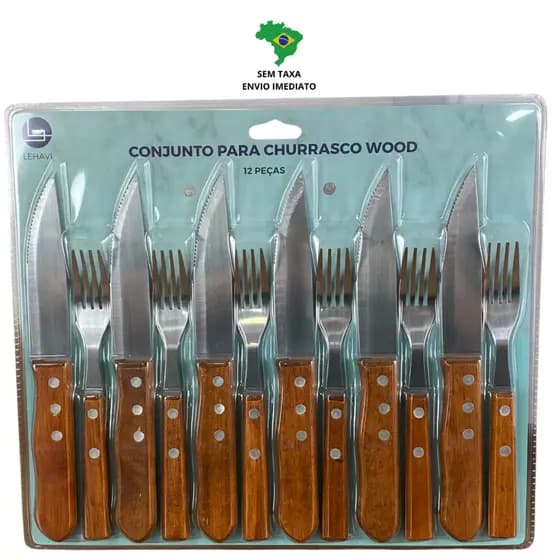 Jogo Talher De Churrasco Jumbo Garfo Faca Cabo Madeira 12 Pç