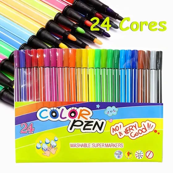 Kit 12/18/24 Cores Caneta Brush Lettering e Ponta Fina Canetinha Colorir Desenho