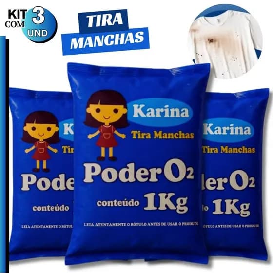 Kit 3/2/1 Tira Manchas de Roupa em Pó Karina Brancas Coloridas O2 Alvejante Removedor Sem Cloro