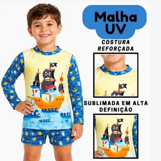 Conjunto Térmico Proteção UV Camisa + Sunga Menino Sortido Confortável Praia Masculino Do 1 Ao 8