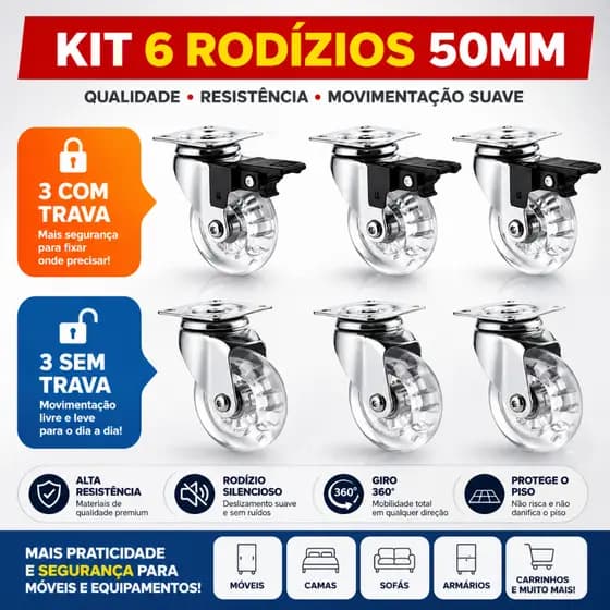 Kit 6 Rodízios 50mm 3 Com Trava 3 Sem Reforçado Rodinha Giratória Para Móveis Mesa Carrinho