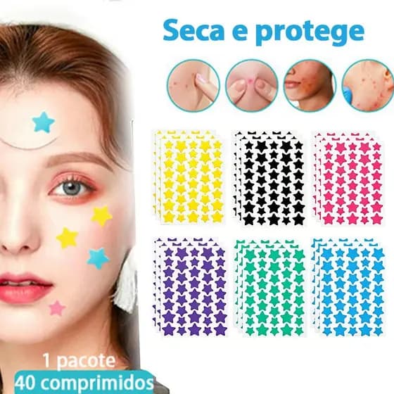 Kit 4/3/2/1 Adesivos Hidrocoloide Para Espinhas Formato Estrela Colorido – Proteção|Tratamento Antiacne e Cicatrização