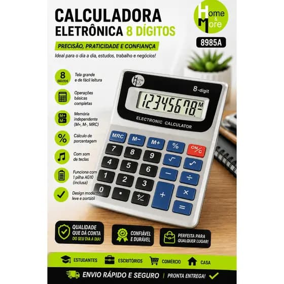 Calculadora Grande 8 Dígitos Eletrônica Mesa Escritório Escolar Comercial Com Memória M+ M- Porcentagem Auto Desliga