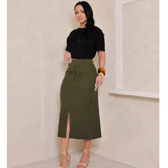 ✨ Saia Midi Feminina com Cinto e Zíper Lateral – Elegância e Conforto em um Só Look ✨