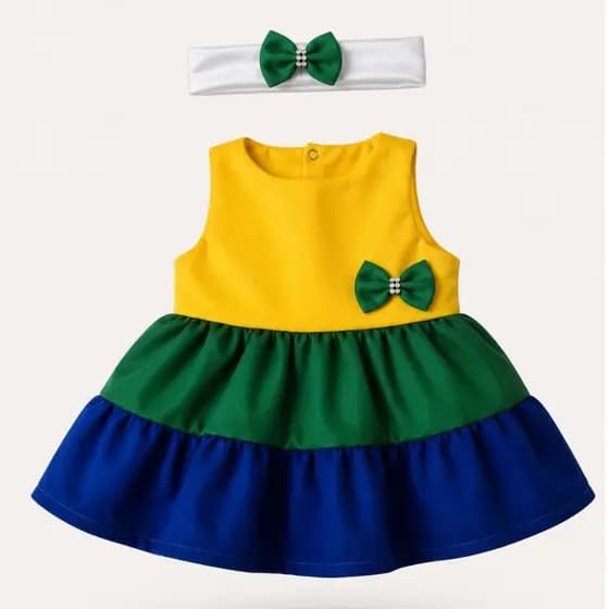 Vestido Infantil para Bebê Copa Brasil verde amarelo com Tiara Festa Menina Roupas Batizado Enxoval Maternidade