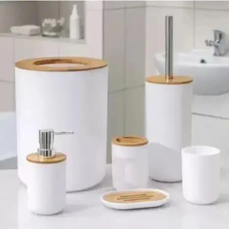 Kit Banheiro Em Bambu Com Lixeira Tampa Detalhes Luxo Tendência 2025