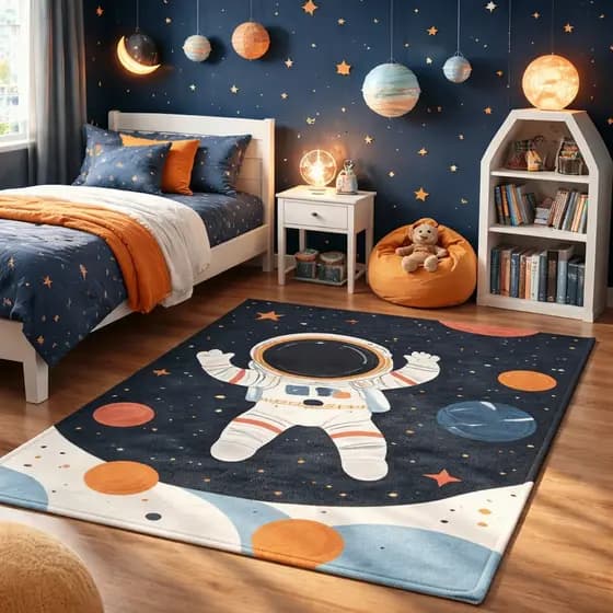 Tapete Infantil Decorativo 118x70cm Antiderrapante Sala, Quarto e Escritório Astronauta Espaço