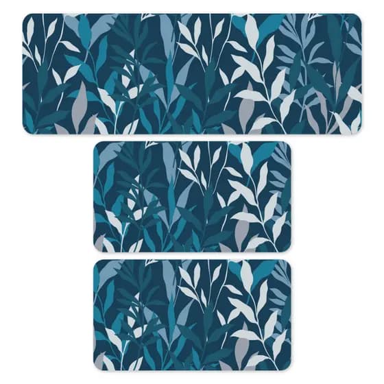 KIT com 3 Tapetes para Cozinha ANTIDERRAPANTE EMBORRACHADO Folhagem Blue