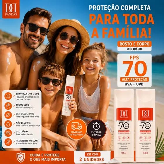 Kit 2 Protetor Solar 70 FPS Dandas, Toque Seco, rosto e corpo,antissinais, resistente a agua 150ml