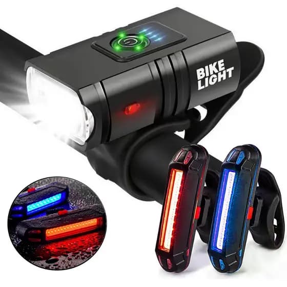 Lanterna Com Visor Farol Bike 2 Led Bicicleta Usb Recarregável + Sinalizador Azul e Vermelho