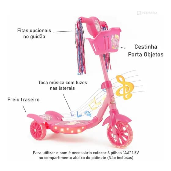 Patinete Infantil Princesa Sereia Patinete 3 Rodinhas Luz Som E Cesta Patinete Rosa Para Crianças