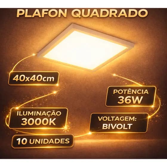 Kit 10 Plafon Led Embutir 36w 40x40 Branco Estrutura Amarela-3000k 127/220v Luminária Para Teto