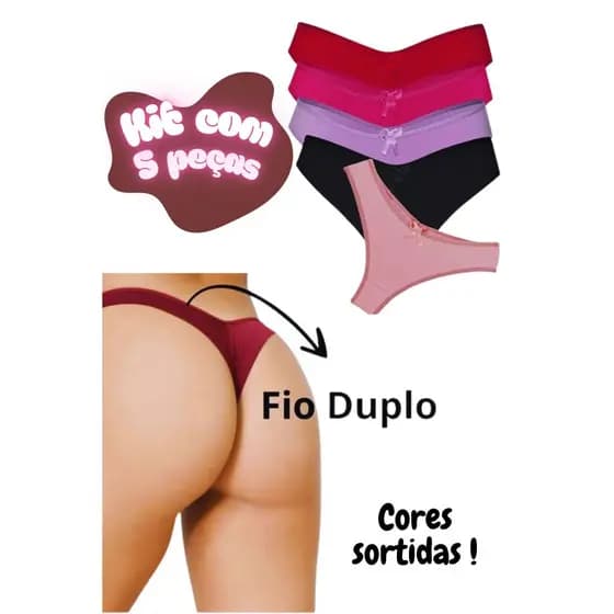 Combo Com 5 Calcinhas Fio Duplo Lisa Confortável Dia A Dia Cores Sortidas