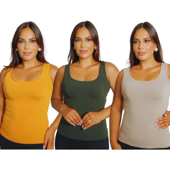 Kit 3 Regatas Blusinha Alca Larga Lisa Básica