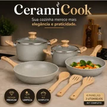 Kit 4 Panelas Cerâmica Antiaderente com 3 Utensílios Indução Gás Elétrico Cinza CeramiCook