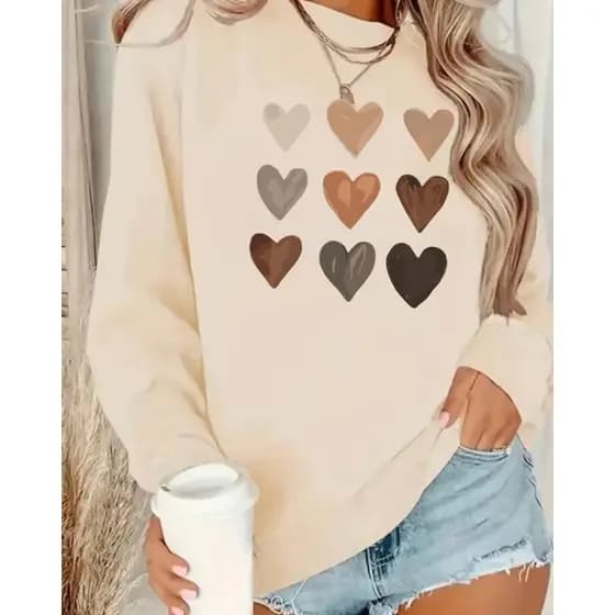 Moletom Blusa de Frio Estiloso flanelado quentinho Coração Moletom Gola Redonda Careca Feminino. Envio Rápido