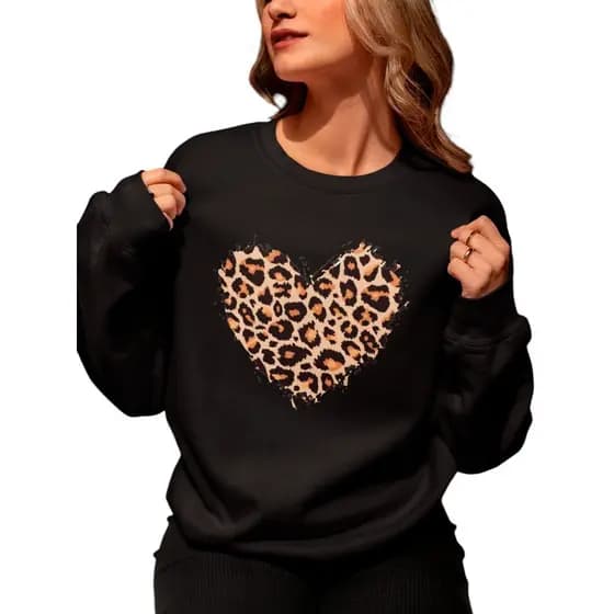 Moletom Blusa de Frio Estiloso flanelado quentinho Coração Onça Moletom Gola Redonda Careca Feminino. Envio Rápido