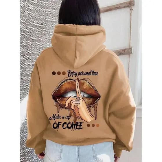 Blusa de Moletom Canguru Feminino Estampado Boca Casaco de Frio com Capuz Bolso Frontal Estiloso