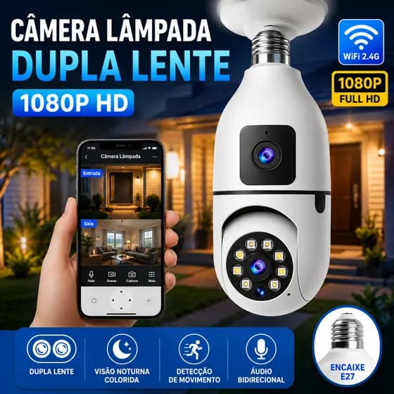 Câmera Lâmpada E27SM Dupla Lente 1080P WiFi 360° Visão Noturna Microfone APP