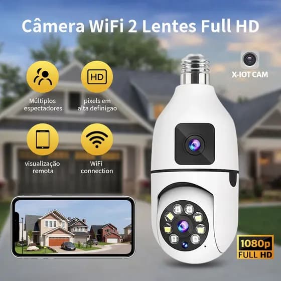 Câmera de Segurança WiFi com Dupla Lentes 2 Lentes, Full HD, Visão Noturna, Microfone, IP, APP