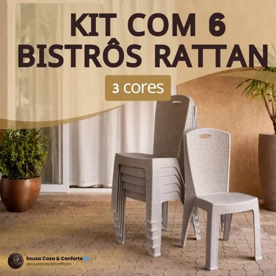 Kit 6 Cadeiras Bistrô Rattan Reforçada Empilhável Escritório Varanda Piscina Salão Jardim Área Lazer