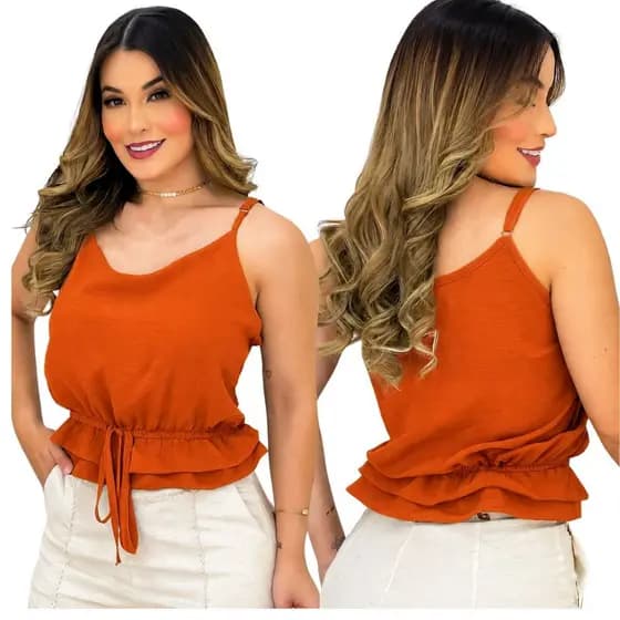 Regata Feminina Moda Verão Em Crepe Com Babado E Alça Ajustável