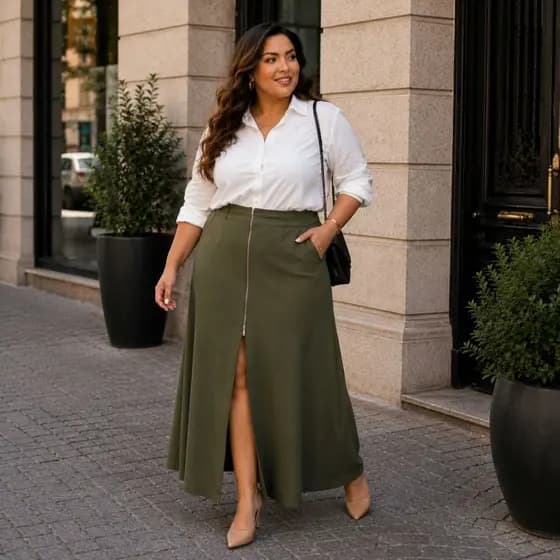 Saia Longa Plus size alfaitaria com bolso frontal Elegante e Versatil Moda Blogueira Detalhe Ziper Moderna P081