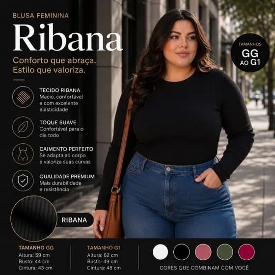 Blusa Feminina Ribana Plus size Manga Longa Básica Gola Redonda P004