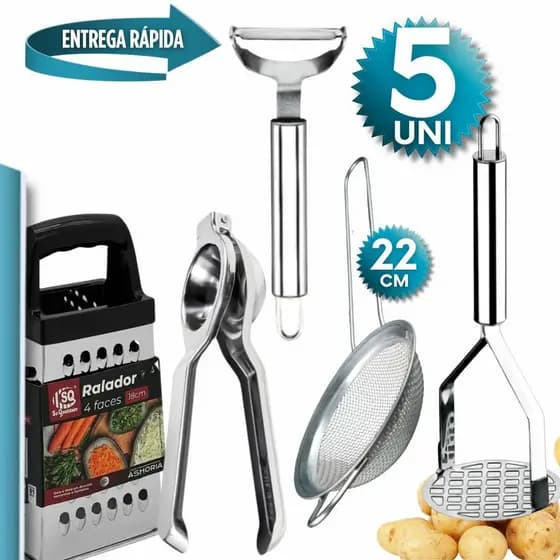 Kit 5 Peças Amassador de Batatas, cortador de legumes e Peneira 22", Ralador, espremedor de limao
