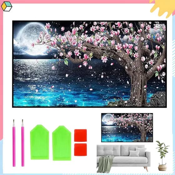 Conjunto de pintura diamante redondo 5d 70x40cm lagoa ao luar