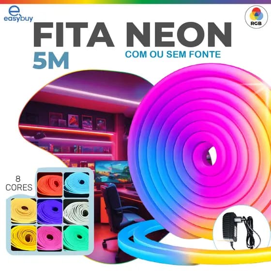 Fita de LED Mangueira Neon 5 Metros IP65 Flexível Com ou Sem Fonte | 8 Cores