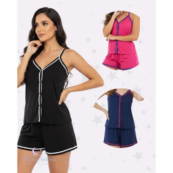 Pijama Baby Doll Short Doll Estilo Americano Botão Aberto Malha Leve Confortável Promoção