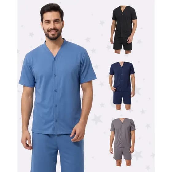 Pijama Masculino Aberto de Botão Curto Cirúrgico Estilo Americano Malha Premium Confortável Promoção