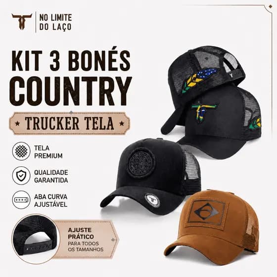 Kit 3 Bonés Country ORIGINAL No Limite do Laço Trucker Tela Masculino Feminino Rodeio Cowboy