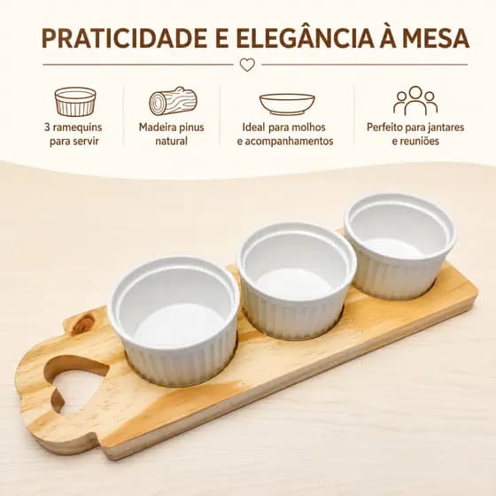 Kit Tábua de Madeira Pinus Para Molhos Com Trio De Ramequim Branco de Porcelana