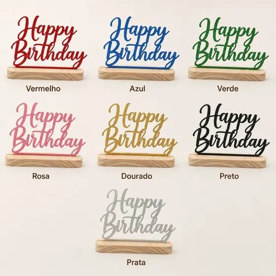 Plaquinha Happy Birthday MDF com Base Pinus Decoração de Aniversário Mesa Posta