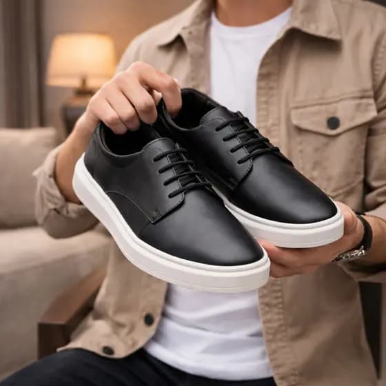 Tênis Masculino Preto Casual Social Versátil Confortável Estiloso Solado Alto Branco