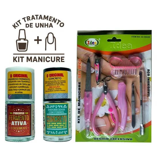 kit Tratamento -1Base Concreto + 1Base Fermento + Kit manicure 7 peças completo