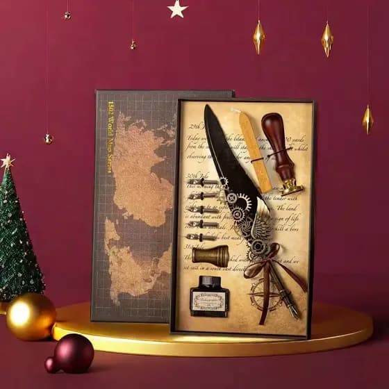 Caneta de Pena Estilo Antigo com Tinteiro e Carimbo – Kit Completo para Escrita e Decoração Grande