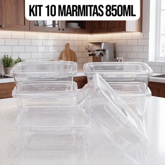 Kit 10 Marmitas Potes 850ml Travas Laterais hermeticas - Livres de BPA Alimentos organiza congelador - KAZIVA