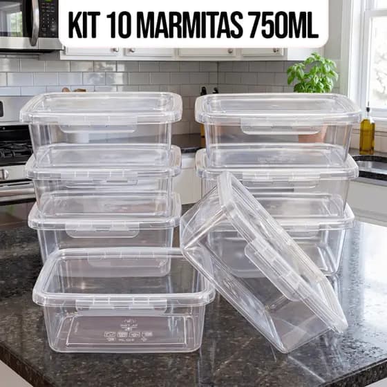 Kit 10 Marmitas Potes 750ml Travas Laterais hermeticas - Livres de BPA Alimentos organiza congelador - KAZIVA