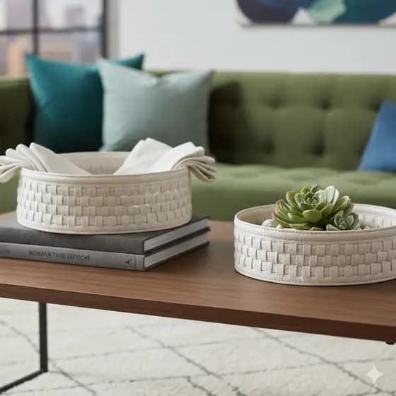 Kit 2 Cestos Centro de Mesa Decorativo em PU Cor Bege Cesto Trançado Mart Collection