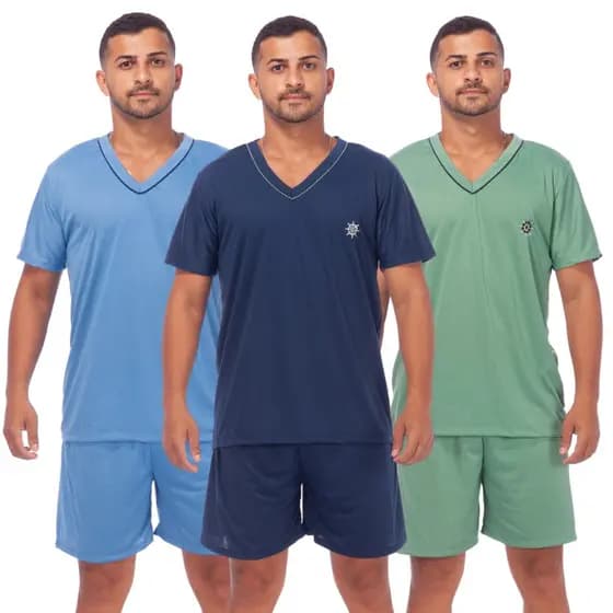 Kit 3 Pijamas Masculino Liso Short Curto Manga Curta Confortável Promoção