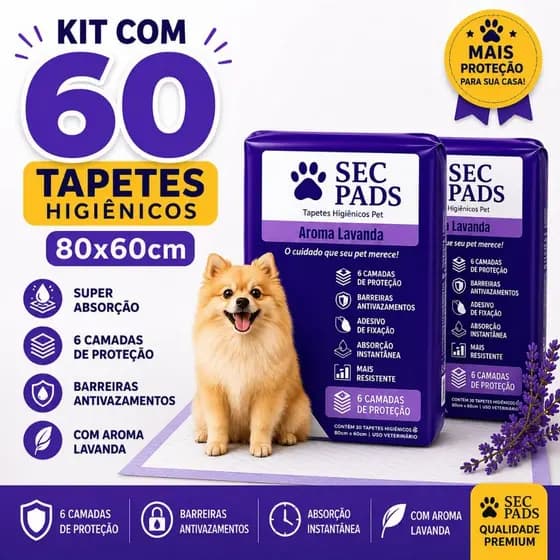 60 Tapete Higiênico Cachorro 80x60cm Ultra Proteção Controle de Odores Aroma Lavanda com Camada Absorvente