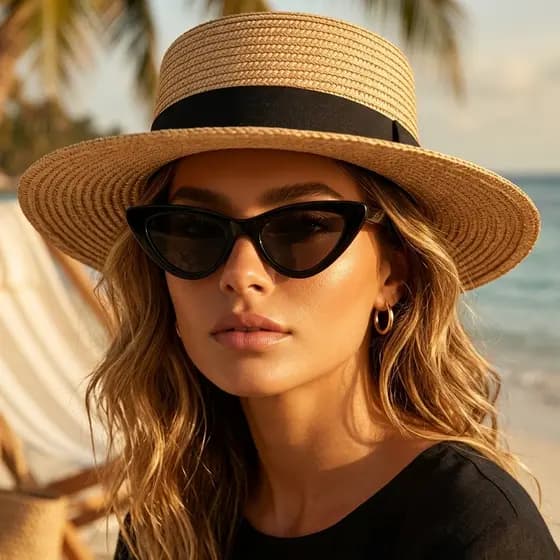 Kit Chapéu Palha Feminino Praia Aba Média Com Fita + Óculos Gatinho Preto Estilo Luxo UV400