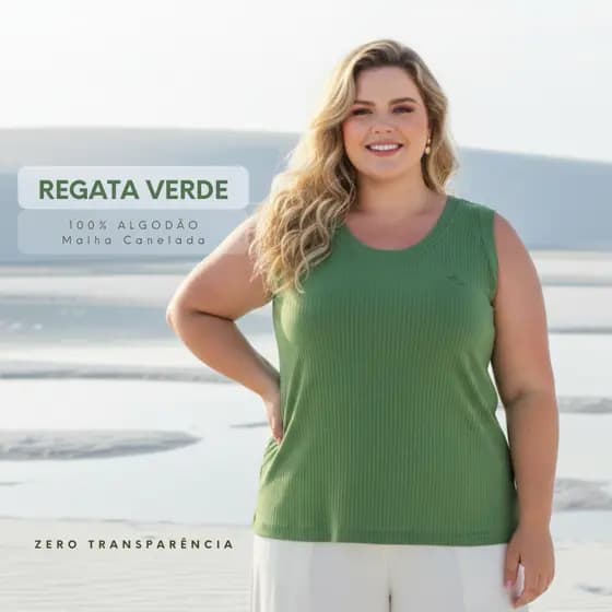 Camiseta Regata Canelada Feminina Verde Confortável Alça Larga Não Marca 100% Algodão