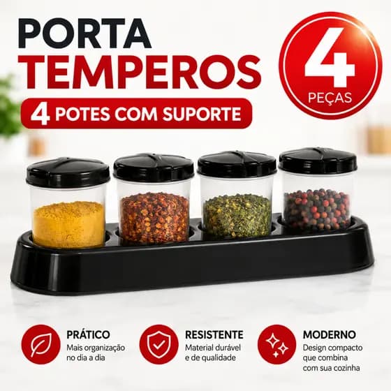 Porta Condimentos 4 Potes com Suporte Organizador de Temperos