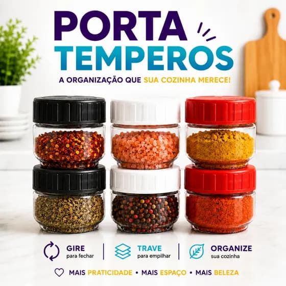 Kit Porta Tempero Empilhável Gire e Trave 155ml Tampa Rosca Organizador