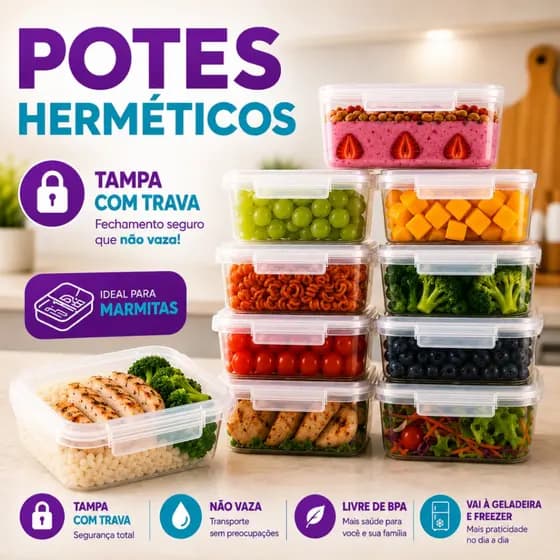 KIT Pote Cozinha Transparente 850ml Plástico Hermético com Trava BPA Free Marmita para Micro-ondas e Freezer